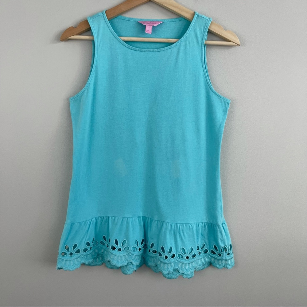 LILLY PULITZER Tiffany Blue Eyelet Lace Hem Tank Top - Picture 2 of 10